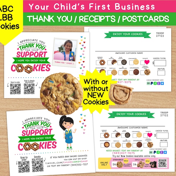 May include: A set of printable cookie business materials including thank you cards, order receipts, and postcards. The designs feature colorful text, QR codes, cookie illustrations, and a cartoon character. A large chocolate chip cookie is centered.