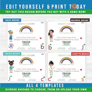Girl Scout Bridge Ceremony Daisy to Brownie Certificate Printables, Add Avatars or Photos and Print your Troop Certificates!