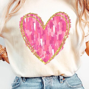 Brushstroke Heart Comfort Colors® Valentines Day T-Shirt, Pink Heart with Faux Glitter Shirt, Cute Casual Vday T-Shirt, Simple Heart Shirt