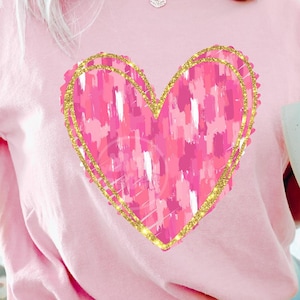 Brushstroke Heart Comfort Colors® Valentines Day T-Shirt, Pink Heart with Faux Glitter Shirt, Cute Casual Vday T-Shirt, Simple Heart Shirt