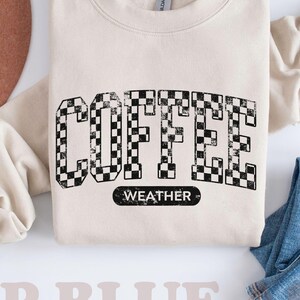Coffee Weather Retro Checkered Crewneck Sweatshirt, Coffee Lover Distressed Vintage Look Unisex Sweatshirt, Latte Lovers