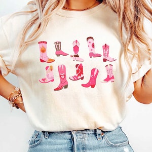 Pink Cowgirl Boots Tshirt, Cowgirl Shirt, Country Concert Tee Shirt, Pink Boots Crewneck Comfort Colors Shirt
