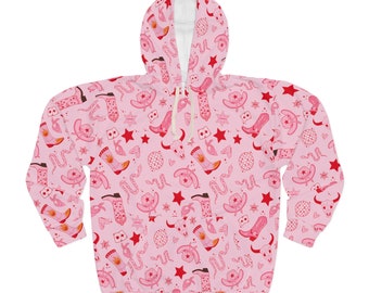 Pink Western Cowgirl Pattern Unisex Pullover Hoodie, Pink Cowgirl Boot Pattern Hooded Sweatshirt