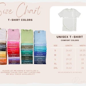 K&ouml;nnte beinhalten: Eine Gr&ouml;&szlig;entabelle f&uuml;r Unisex-T-Shirts mit einer Vielzahl von Farben und Ma&szlig;en in Zoll. Die Tabelle enth&auml;lt eine Abbildung eines T-Shirts mit L&auml;ngen- und Breitenangaben sowie eine Liste der verf&uuml;gbaren Farben.