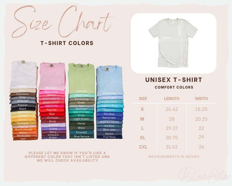 K&ouml;nnte beinhalten: Eine Gr&ouml;&szlig;entabelle f&uuml;r Unisex-T-Shirts mit einer Vielzahl von Farben und Ma&szlig;en in Zoll. Die Tabelle enth&auml;lt eine Abbildung eines T-Shirts mit L&auml;ngen- und Breitenangaben sowie eine Liste der verf&uuml;gbaren Farben.