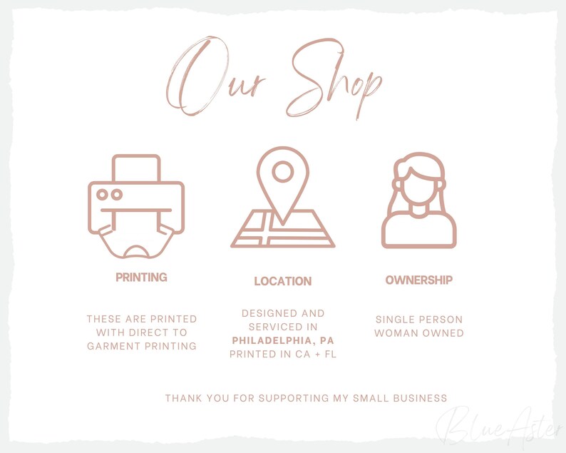 K&ouml;nnte beinhalten: Grafik mit dem Text "Our Shop" und Symbolen f&uuml;r Druck, Standort und Eigentum. Der Text besagt, dass der Shop Direct-to-Garment-Druck verwendet, in Philadelphia, PA, entworfen und gewartet wird und sich im Besitz einer einzelnen Frau befindet.