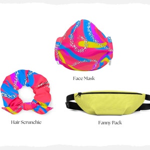 Retro 80&#39;s Malibu Beach Print Accessories, Fanny Pack, Scrunchie and Face Masks, Halloween Costume