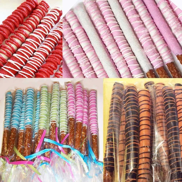 Chocolate Covered Pretzel Rods / Choose Your Color / Favors Perfect for Parties / Dozen Pretzels Gifts / Pretzel Party Favors