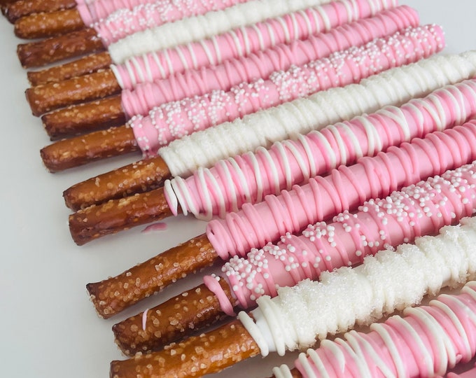 Pink and White Chocolate Covered Pretzel Rods / Favors Perfect for Princess Parties / Baby Girl Shower / Bridal Party / Dark and Light Pink