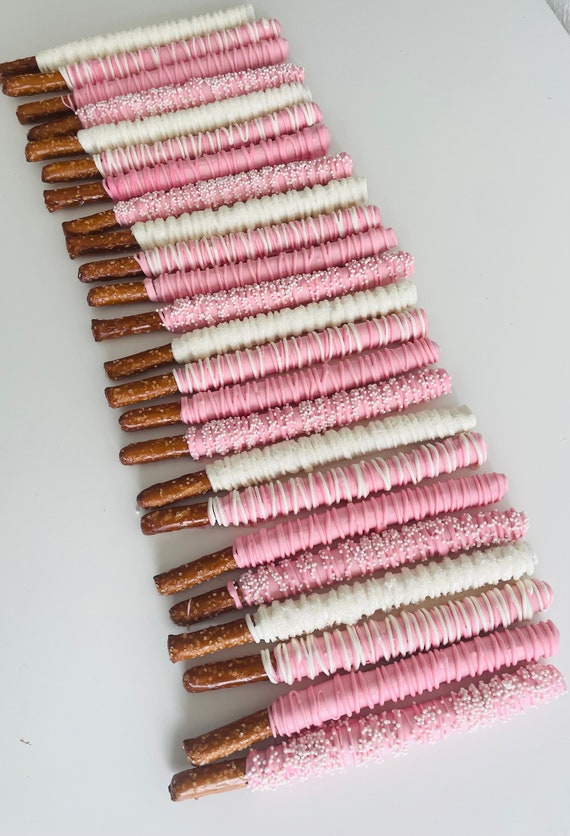 Pink and White Chocolate Covered Pretzel Rods / Favors Perfect for Princess Parties / Baby Girl Shower / Bridal Party / Dark and Light Pink