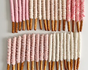 Pink and White Chocolate Covered Pretzel Rods / Favors Perfect for Princess Parties / Baby Girl Shower / Bridal Party / Dark and Light Pink