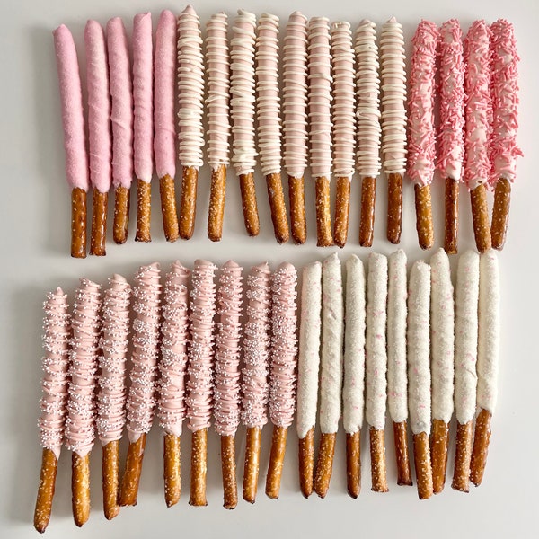 Pink and White Chocolate Covered Pretzel Rods / Favors Perfect for Princess Parties / Baby Girl Shower / Bridal Party / Dark and Light Pink