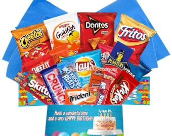 Birthday Care Package / Celebration Box / College Gift Box / Gift From Home / Birthday Dorm Snacks / Blue Birthday Labels / Military Box