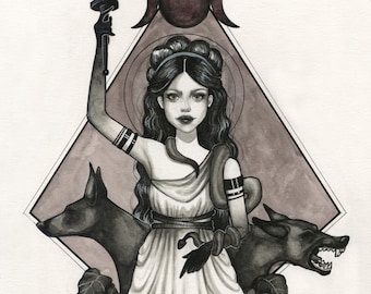 Hekate Goddess of Crossroads Altar Art Print - Hecate Pagan Witch Mythology Illustration Witchcraft Folklore Painting Decor Unique Gift