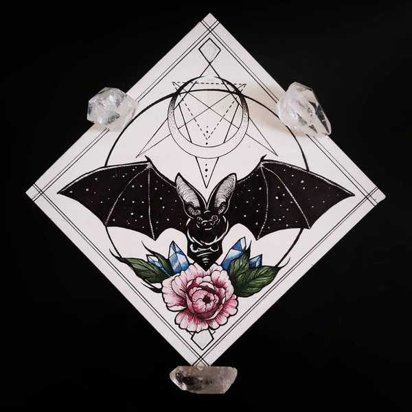 BAT ARTWORK, Goth Poster, WITCHY Artwork, Spooky Wall Art, Dark Halloween Flower Bat Watercolor Print Horror Art
