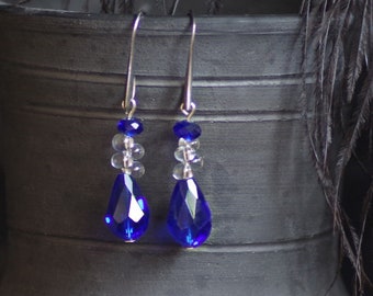 Dark blue earrings, silver & cobalt blue drop earrings, dark blue teardrop dangle earrings,