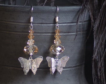 Crystal Butterfly Earrings, Light Yellow Steel Dangle Earrings