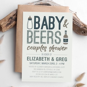 Baby & Beers Couples Baby Shower Invite | Coed Baby Shower Evite | BBQ Baby Shower Invitation | Printable Customizable Canva Template Beige
