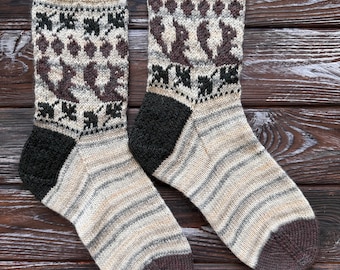 Hand Knit Wool Socks: Squirrel Design, Warm Winter Socks