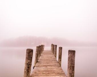 Boat Dock on a Foggy Morning - Vertical Orientation, sunrise, Lake Life