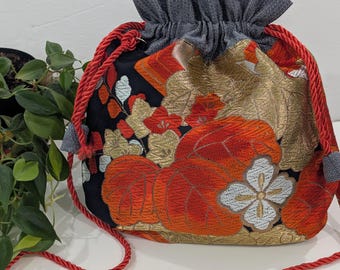 Kimono Drawstring  Purse, Obi Bag, Handbag, Shoulder Purse, Crossbody bag, Silk Bag