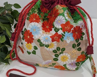 Kimono Drawstring  Purse, Obi Bag, Handbag, Shoulder Purse, Crossbody bag, Silk Bag