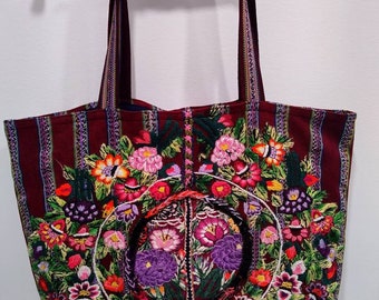 Embroidered Tote Bag, Square Tote Bag, Huipil Floral Embroidered Bag, Floral Design, Guatemalan, Cotton Bag,