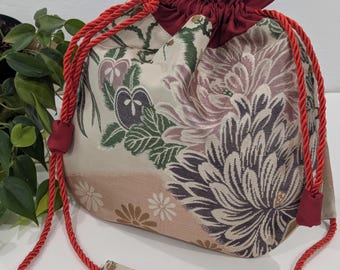 Kimono Drawstring  Purse, Obi Bag, Handbag, Shoulder Purse, Crossbody bag, Silk Bag