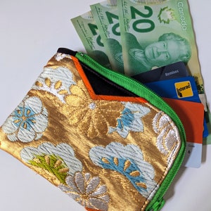Zipper bag, Coin purse, Card pouch, Purse organizer, Accessory Purse, Japanese Fabric Purse, Make Up Purse, Gold, Brawn