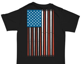 USA Pool Cues Flag Tee - Patriotic Billiards Player Cotton T-Shirt, American Pride Back Print, Comfort Fit