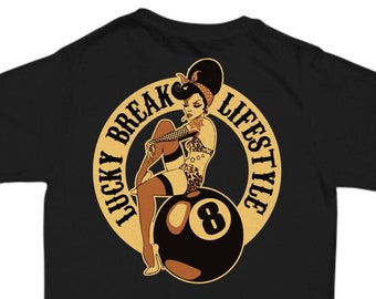 Lucky Break Lifestyle Tee: Funny Pool Themed T-Shirt with Sexy Woman on Eightball - 100% Cotton, Comfort Fit, Unique Billiards Apparel