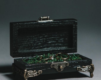 Wedding Black Ring Box, Ring Box Wedding, Wooden Ring Box, Gothic Ring Bearer Box. Gothic Wedding Ring Box For Wedding Ceremony.