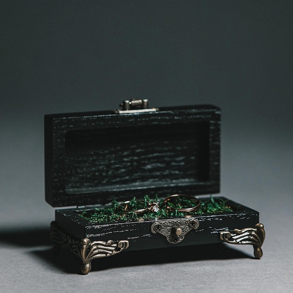 Wedding Black Ring Box, Ring Box Wedding, Wooden Ring Box, Gothic Ring Bearer Box. Gothic Wedding Ring Box For Wedding Ceremony.