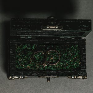 The box is adorned with  metallic hardware and sturdy metal legs, while the interior is cushioned with stabilized moss, offering a luxurious resting place for your rings.