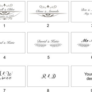 Nine different wedding invitation designs. The designs feature various fonts, floral elements, and text including names and dates. The designs are numbered 1 through 9.