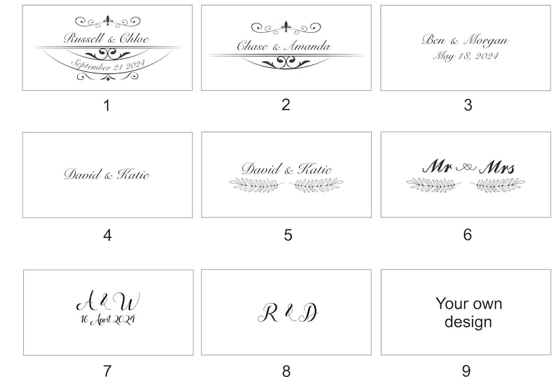 Nine different wedding invitation designs. The designs feature various fonts, floral elements, and text including names and dates. The designs are numbered 1 through 9.