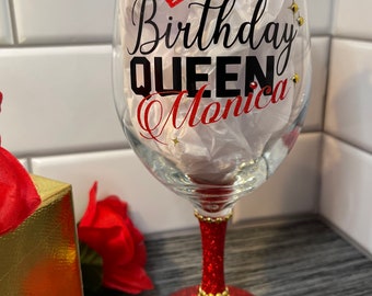 Blinged Birthday Queen Wine Glass, Personalized Birthday Glass