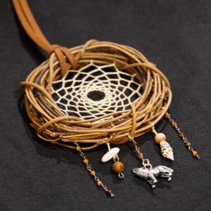 May include: A small dreamcatcher with a brown twig frame and white netting. It has a brown leather cord and hangs from a variety of charms, including a small silver bear, a seashell, and tiger's eye beads.