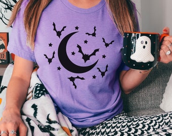 Halloween Bat Shirt, Happy Halloween Shirt, Cool Halloween T-Shirt, Halloween Party Tee, Moon and Bat Shirt