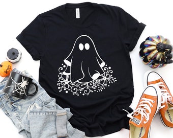 Camicia Halloween da donna, T-shirt fantasma floreale, camicia di Halloween carina, T-shirt di Halloween