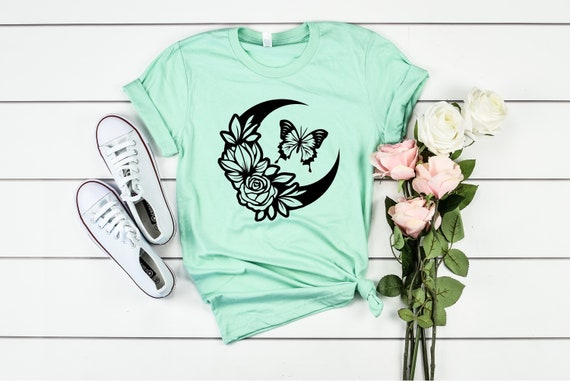 Cute Womens Shirt, Moon Shirt, Butterfly T-shirt, Cute Flower Shirt, Gift For Her, Gifts For Women, Spring T-shirt