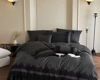 Luxury Gothic Black Lace Egyptian Cotton 1000TC Bedding Set a223 Dark Elegance Duvet Cover with Embroidered Butterflies