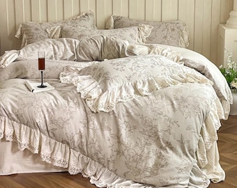 Cream Ruffle Lace Floral a249 Bedding Set: French Vintage Cottagecore Linen Cotton