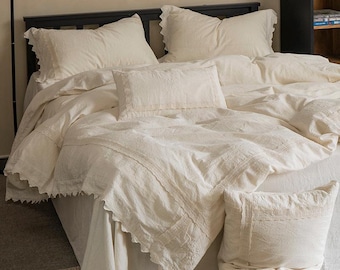 Conjunto de capa de edredom de linho com renda creme vintage a54, roupa de cama texturizada macia com detalhes bordados