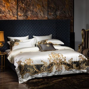 Luxe zwartgouden barokke jacquard dekbedovertrekset van Egyptisch katoen 1000TC a151 Koninklijk beddengoedset met borduursel