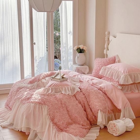 Rosa Weiße Rosette Rüschen Baumwolle Bettwäsche Set a20 Weicher Plüsch Bettbezug mit Rüschen für Prinzessin Coquette Schlafzimmer