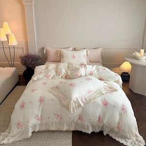 Cream Pink Rose Cotton Duvet Cover Set a176 Cottagecore Floral Bedding with Ruffle Lace Trim