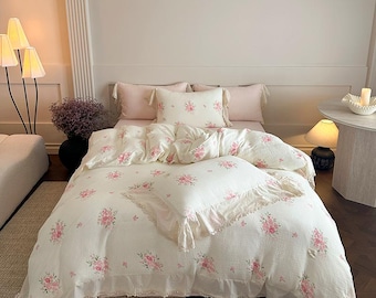 Juego de funda nórdica Cottagecore Rose: ropa de cama de algodón color crema a176 con ribete de encaje y volantes