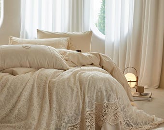 Conjunto de capa de edredom de linho com renda: Creme a47 Roupa de cama vintage bordada