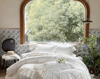 White Ruffled Embroidered Cotton Bedding Set a15 Vintage Lace Duvet Cover Romantic Cottagecore Wedding